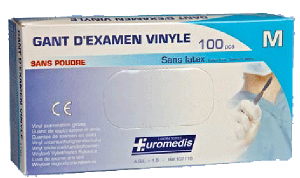 Gants d'examen vinyle non poudrés taille M